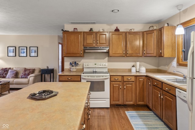 kitchen with under cabinet range hood, white appliances, wood finished floors, a sink, and light countertops