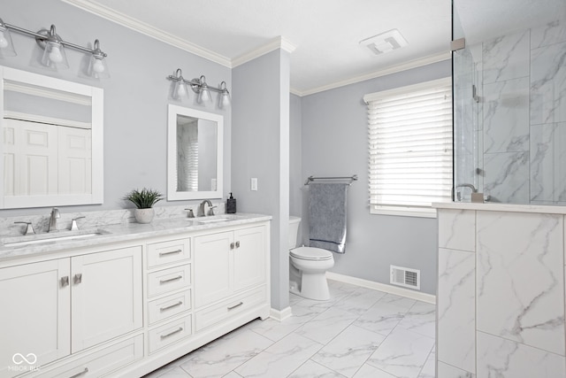 bathroom featuring a sink, visible vents, marble finish floor, ornamental molding, and a marble finish shower