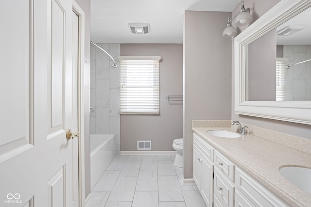 full bathroom featuring baseboards, visible vents, toilet, marble finish floor, and a sink