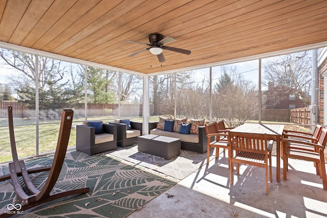 view of patio / terrace with a fenced backyard, ceiling fan, and an outdoor hangout area