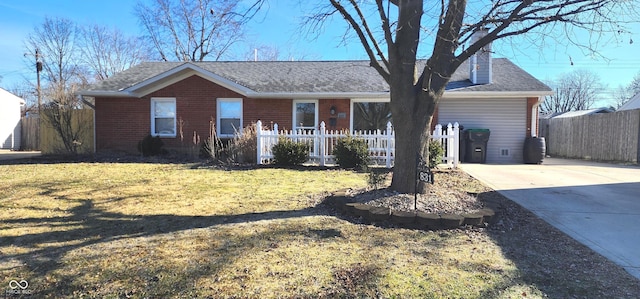 ranch-style house with a shingled roof, brick siding, fence, and a front lawn