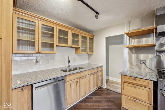 kitchen with dark hardwood / wood-style floors, tasteful backsplash, sink, stainless steel dishwasher, and light stone counters