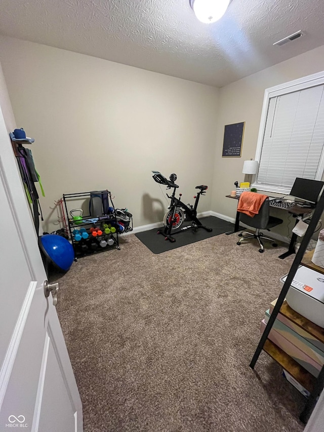 workout area featuring carpet floors, visible vents, a textured ceiling, and baseboards