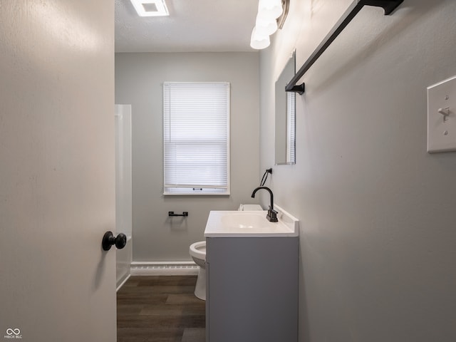 bathroom featuring vanity, hardwood / wood-style flooring, and toilet