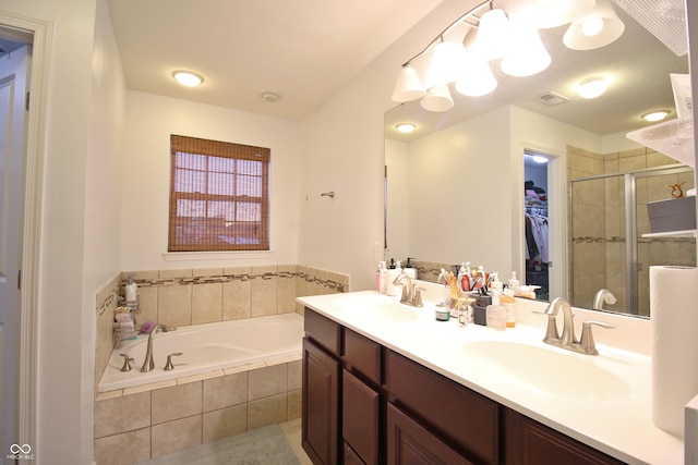 bathroom with vanity and plus walk in shower