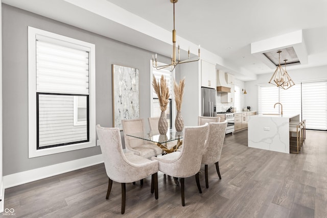 dining room featuring an inviting chandelier, a tray ceiling, and dark hardwood / wood-style floors