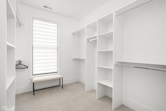 walk in closet featuring light carpet