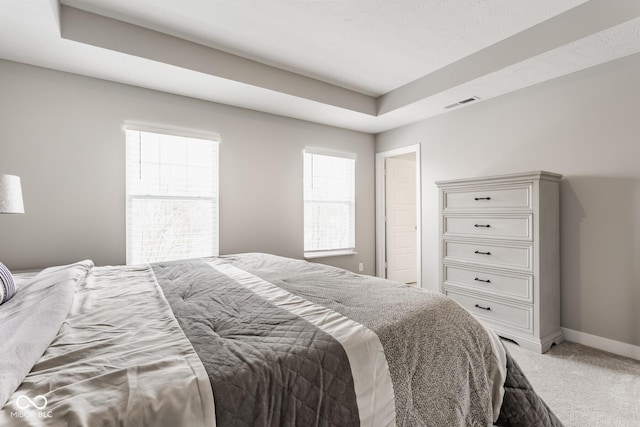 bedroom featuring a tray ceiling, carpet, visible vents, and baseboards