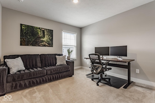 office space with light carpet, baseboards, and a textured ceiling