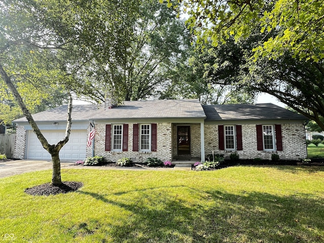 ranch-style home with a garage and a front lawn