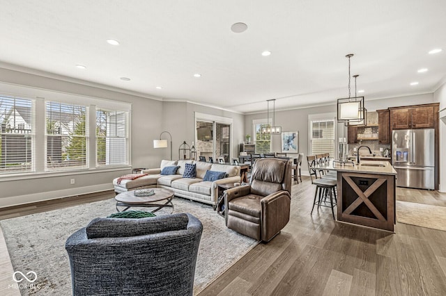 living room with sink, dark wood-type flooring, ornamental molding, and plenty of natural light