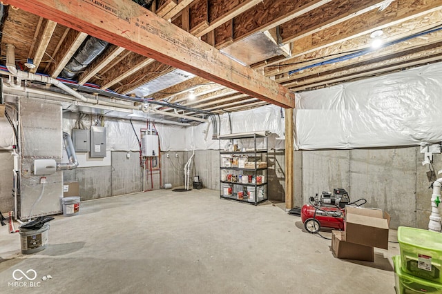 basement with tankless water heater and electric panel