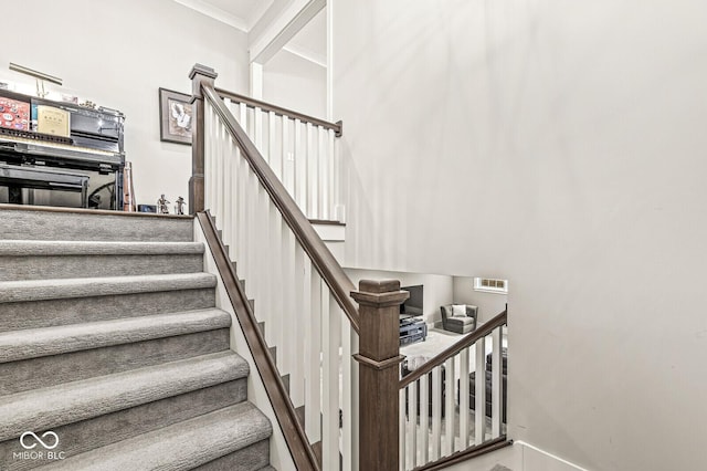 staircase featuring ornamental molding