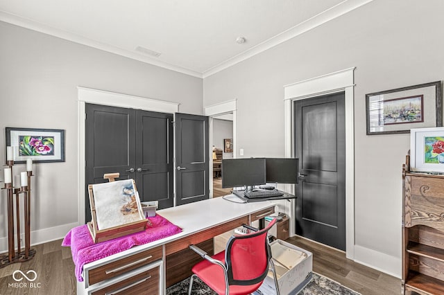 office area featuring ornamental molding and dark hardwood / wood-style flooring