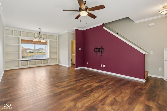 unfurnished living room featuring baseboards, built in features, ornamental molding, wood finished floors, and a ceiling fan