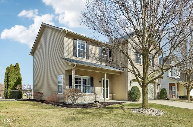 view of front of property with concrete driveway, a garage, fence, and a front lawn