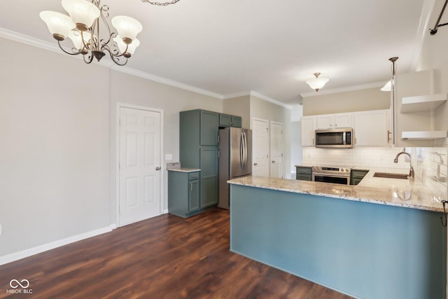 kitchen with a sink, open shelves, light stone counters, and stainless steel appliances