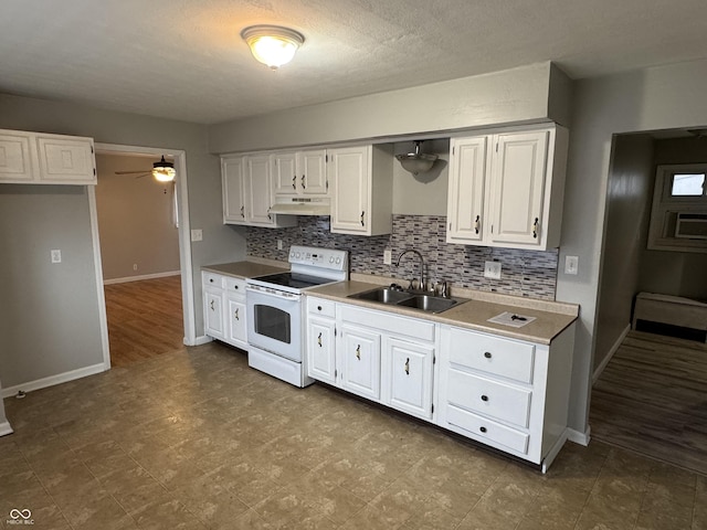 kitchen featuring white cabinetry, sink, backsplash, and white range with electric cooktop