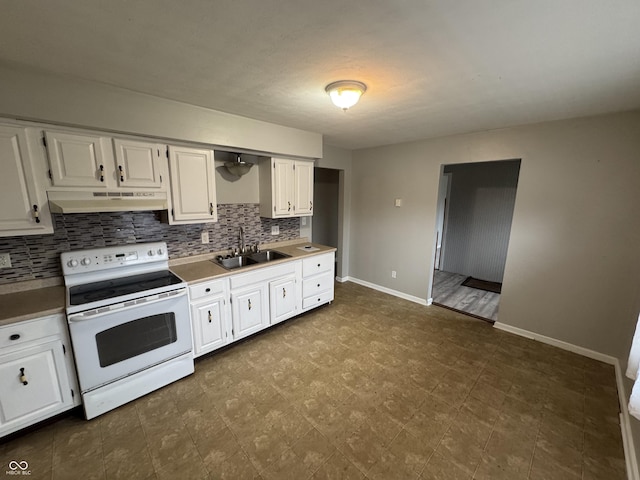 kitchen with tasteful backsplash, white cabinets, sink, and white range with electric stovetop