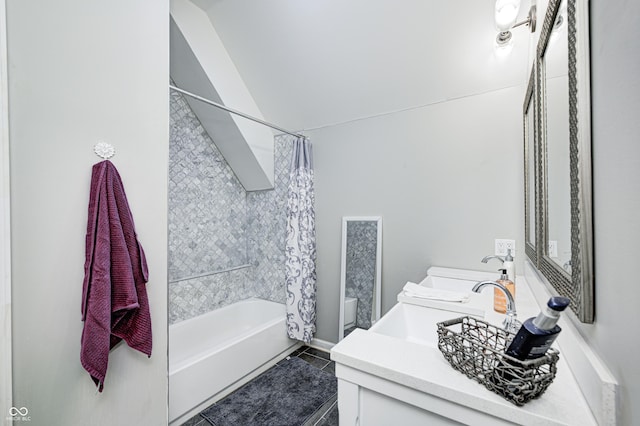 bathroom with vanity, tile patterned floors, and shower / bathtub combination with curtain