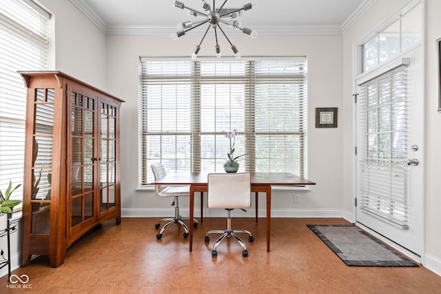 office area featuring crown molding and a chandelier