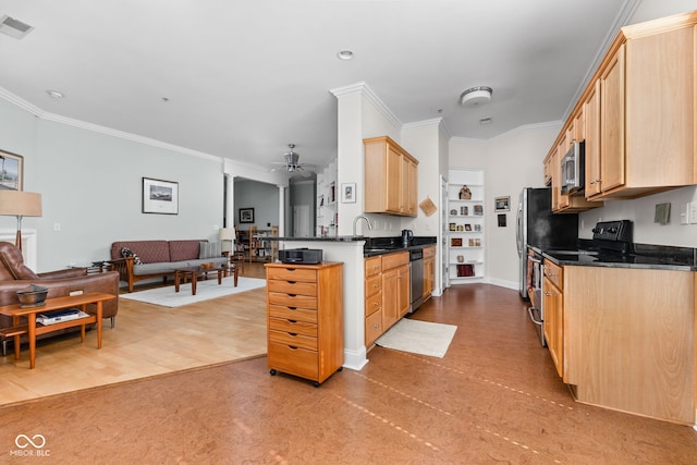 kitchen featuring appliances with stainless steel finishes, light brown cabinetry, ornamental molding, ceiling fan, and kitchen peninsula