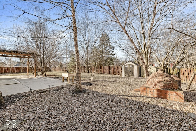 view of yard with a patio area and a storage unit