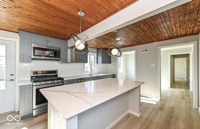 kitchen with pendant lighting, stainless steel appliances, gray cabinets, a kitchen island, and a sink