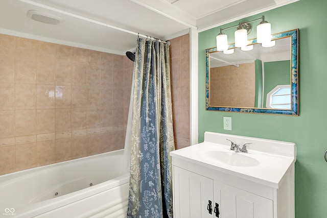 bathroom with vanity, crown molding, and shower / bath combination with curtain