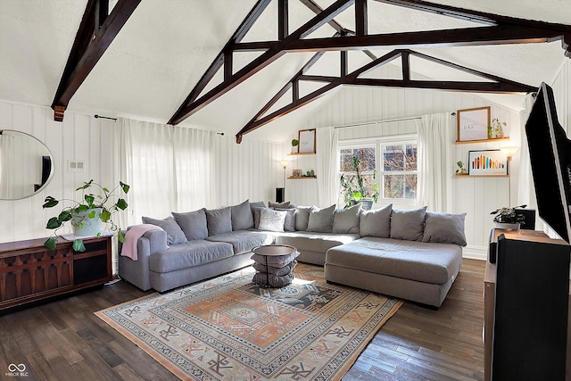 living room featuring dark hardwood / wood-style flooring, high vaulted ceiling, and beamed ceiling