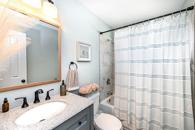 full bath featuring vanity, toilet, and shower / tub combo with curtain