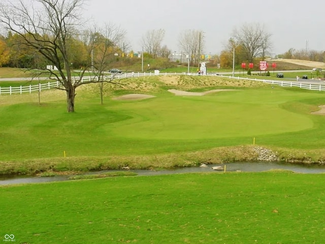 view of community featuring a water view and a lawn