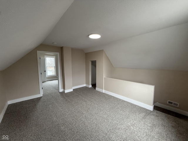 additional living space featuring vaulted ceiling, a textured ceiling, and carpet