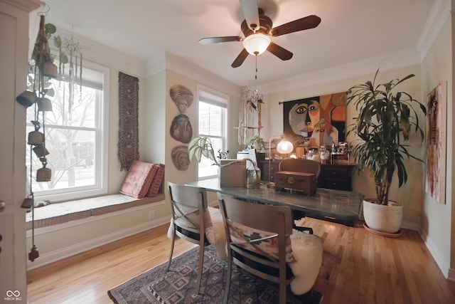 office space featuring crown molding, ceiling fan, and light hardwood / wood-style flooring