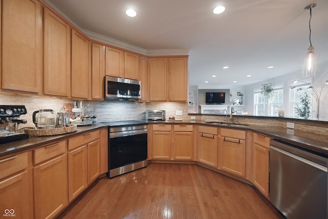 kitchen with sink, tasteful backsplash, hanging light fixtures, light wood-type flooring, and stainless steel appliances