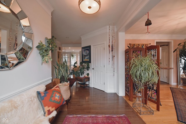 entrance foyer with crown molding and wood-type flooring