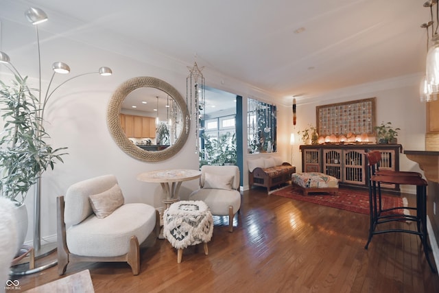 living area featuring dark hardwood / wood-style flooring and ornamental molding