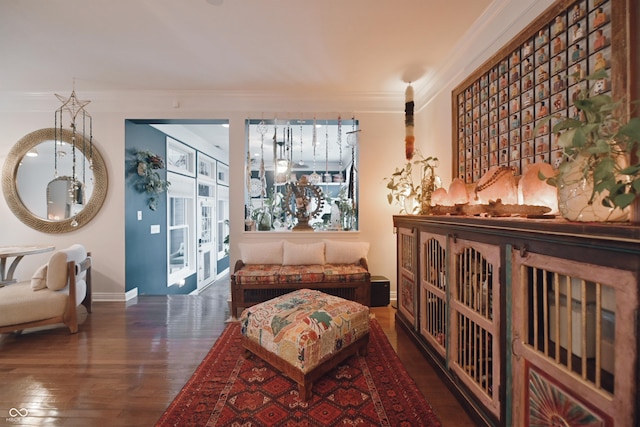 interior space with ornamental molding and dark wood-type flooring