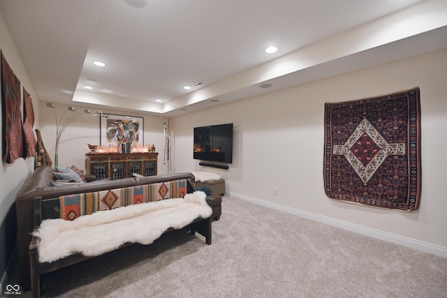 living room featuring a raised ceiling and carpet