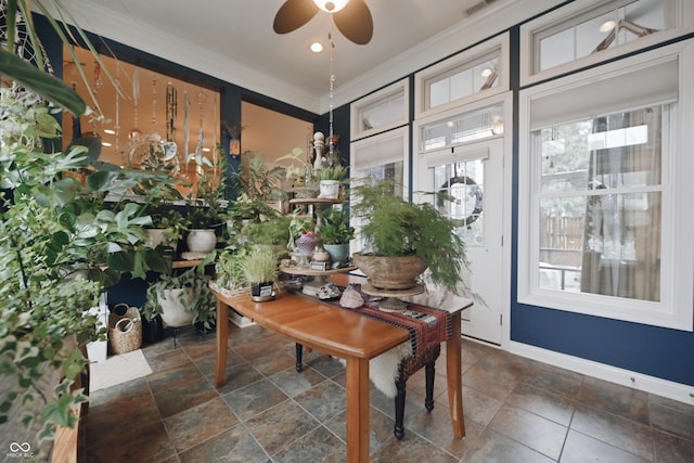 interior space with crown molding and ceiling fan