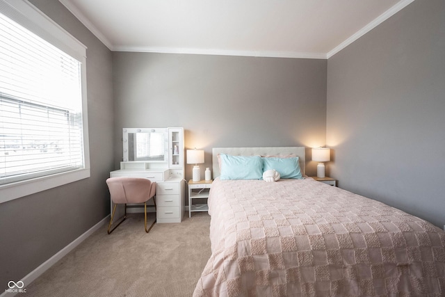 bedroom featuring crown molding and light colored carpet