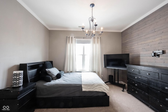 carpeted bedroom with an inviting chandelier, crown molding, and wooden walls