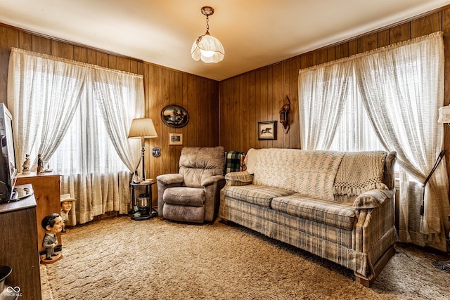 living room featuring carpet and wood walls