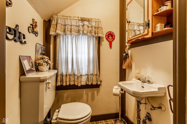 bathroom with vaulted ceiling and toilet