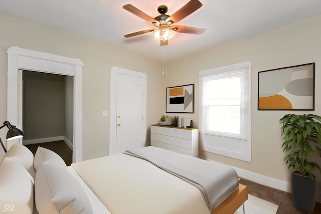 bedroom featuring carpet floors and ceiling fan