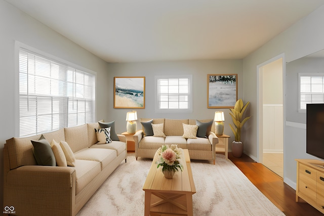 living room with light hardwood / wood-style flooring and a wealth of natural light