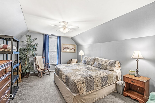 bedroom with vaulted ceiling, light carpet, and ceiling fan