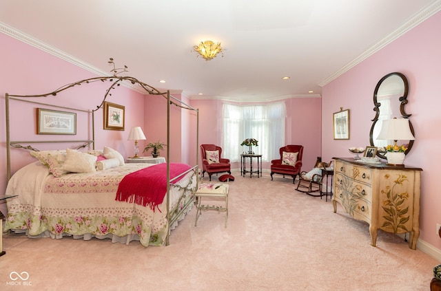 carpeted bedroom featuring ornamental molding