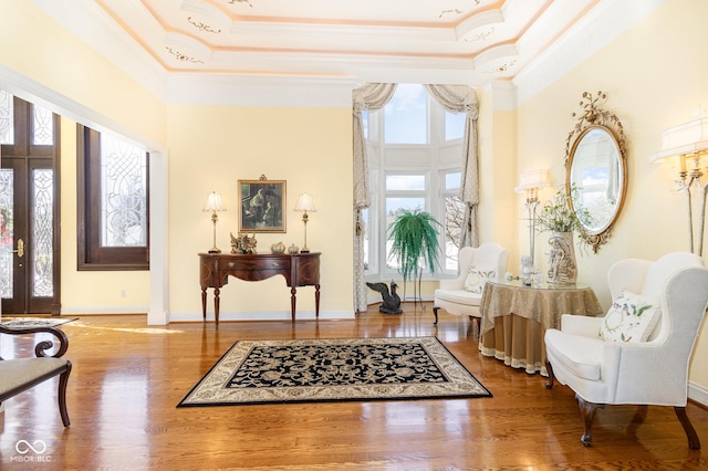 interior space featuring a raised ceiling, ornamental molding, wood-type flooring, and french doors