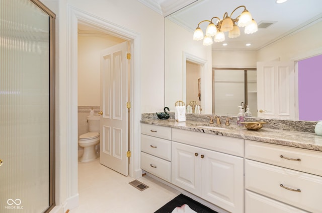 bathroom featuring tile walls, vanity, walk in shower, toilet, and crown molding